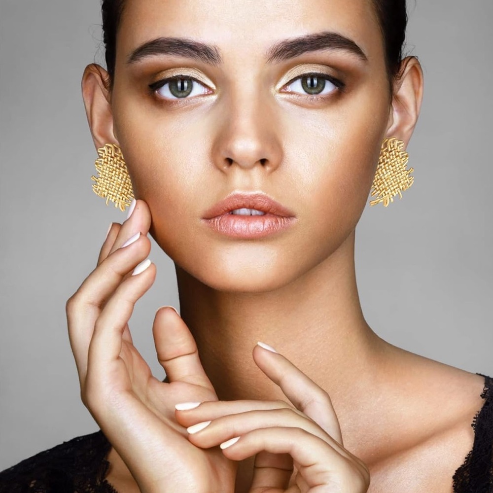 Gold Textured Drop Earrings with Polished Finish